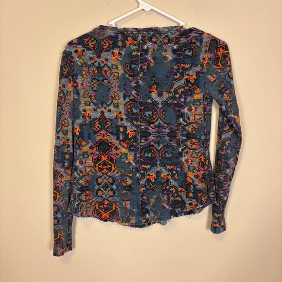 Pilcro Anthropologie Blue with Orange & Pink Patterned V Neck Long Sleeve XXS - Picture 2 of 5